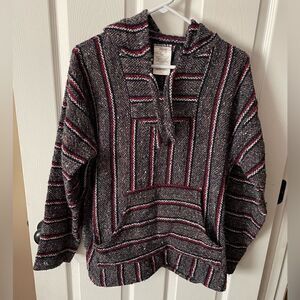 Mexican Baja Hoodie Jacket Beach Outerwear Hippy Boho Gray Red